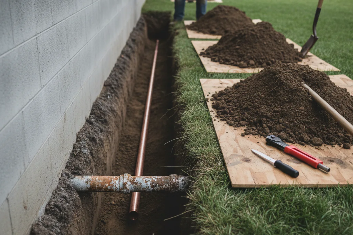 Excavated water line trench during Water Softener Installation in Tallapoosa